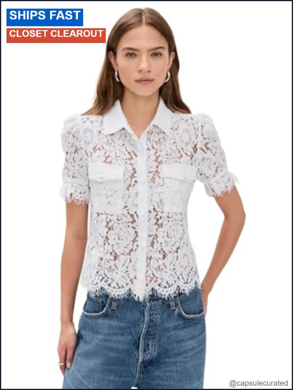 Lace Blouse Floral Button Placket Short Puff Sleeves
